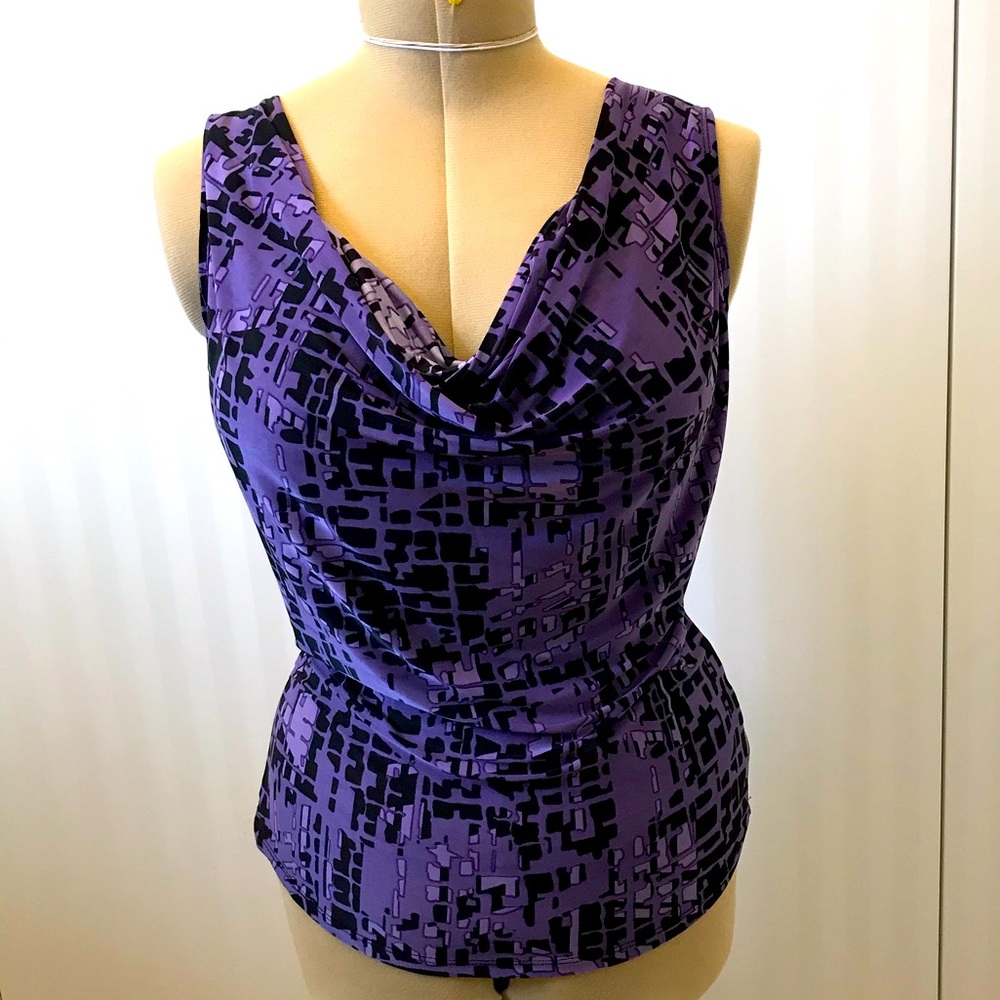 Beechers Brook purple and black drapes neckline sleeveless blouse Size L